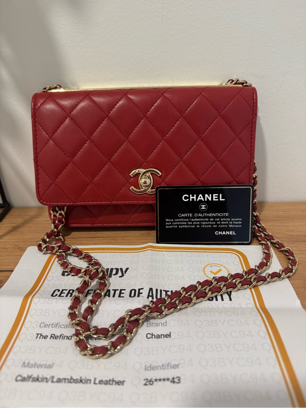 CHANEL Red Quilted Lambskin Crossbody with Gold-Tone Chain